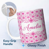 Personalized Custom Name Bright Pink Floral Folk Art Pattern with Decorative Blossoms Lovely 11oz Ceramic Coffee Tea Mug White Large Handle