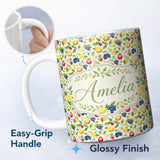 Personalized Custom Name Watercolor Citrus and Berry Botanical Seamless Pattern Lovely 11oz Ceramic Coffee Tea Mug White Large Handle
