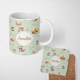Personalized Custom Name Forest Animals Bear Deer Fox Owl Raccoon on Sage Green Seamless 11oz Ceramic Coffee Tea Mug White Large Handle