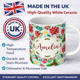 Personalized Custom Name Cute Christmas Poinsettia Holly Candy Cane Festive Seamless Pattern 11oz Ceramic Coffee Tea Mug White Large Handle