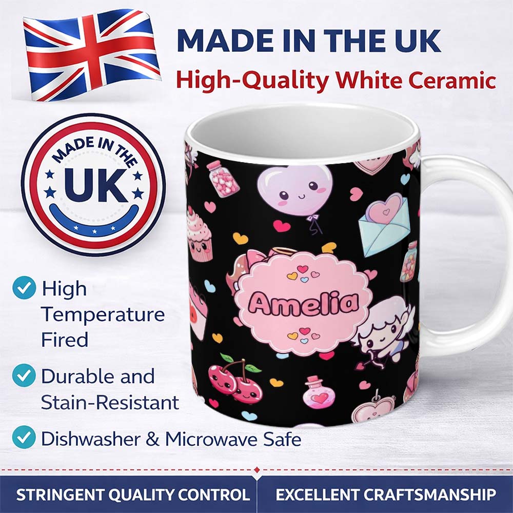 Personalized Custom Name Cute Cupid Angels Hearts Sweets Balloon Love Elements Pattern Black 11oz Ceramic Coffee Tea Mug White Large Handle