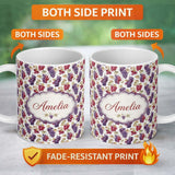 Personalized Custom Name Mixed Red and Purple Grapes Botanical Seamless Pattern Lovely 11oz Ceramic Coffee Tea Mug White Large Handle