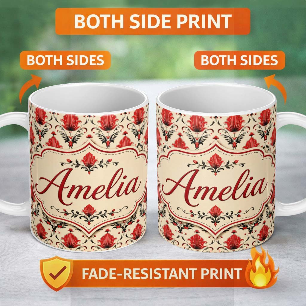 Personalized Custom Name Distressed Red Damask Vintage Texture Seamless Pattern Lovely 11oz Ceramic Coffee Tea Mug White Large Handle