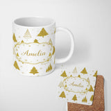 Personalized Custom Name Gold Glitter Christmas Tree Pattern White Background Seamless Lovely 11oz Ceramic Coffee Tea Mug White Large Handle