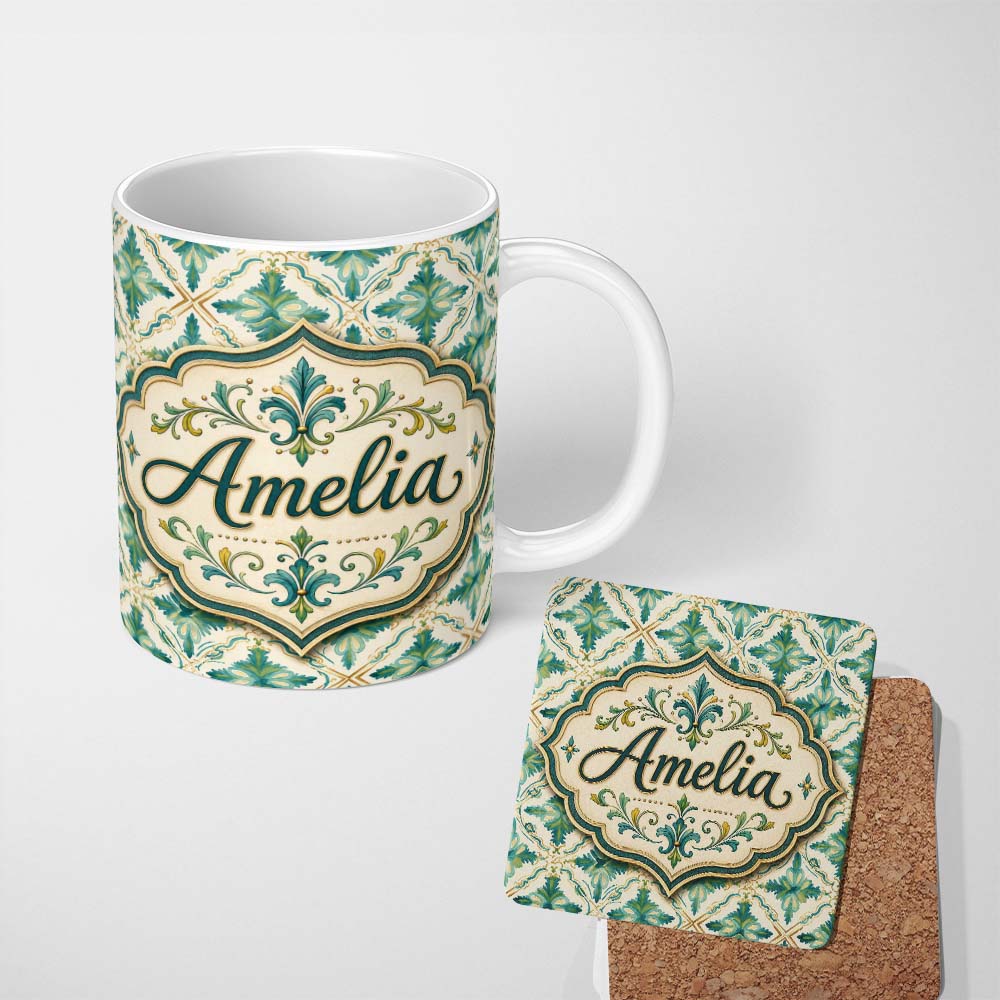Personalized Custom Name Elegant Geometric Floral Tile Green and Gold Seamless Pattern Lovely 11oz Ceramic Coffee Tea Mug White Large Handle