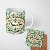 Personalized Custom Name Elegant Geometric Floral Tile Green and Gold Seamless Pattern Lovely 11oz Ceramic Coffee Tea Mug White Large Handle
