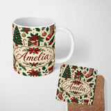 Personalized Custom Name Christmas Gift Boxes Candy Cane Holly Stockings Festive Holiday 11oz Ceramic Coffee Tea Mug White Large Handle