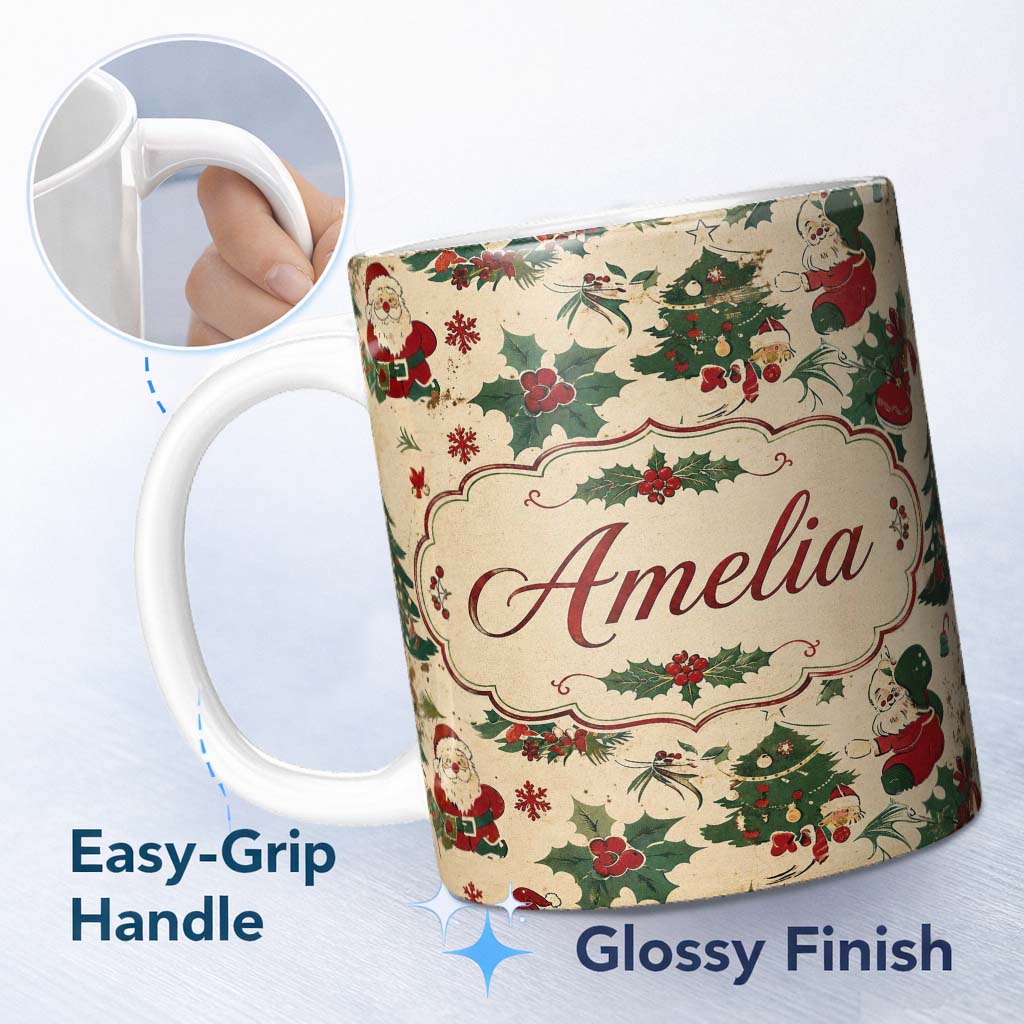 Personalized Custom Name Cute Cartoon Santa Christmas Trees Holly Berries Festive Seamless 11oz Ceramic Coffee Tea Mug White Large Handle