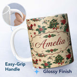 Personalized Custom Name Cute Cartoon Santa Christmas Trees Holly Berries Festive Seamless 11oz Ceramic Coffee Tea Mug White Large Handle
