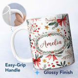 Personalized Custom Name Watercolor Christmas Bow Berry Branch Festive Seamless Pattern 11oz Ceramic Coffee Tea Mug White Large Handle