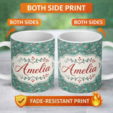 Personalized Custom Name Festive Green Background Red and White Berry Branches Pattern Lovely 11oz Ceramic Coffee Tea Mug White Large Handle
