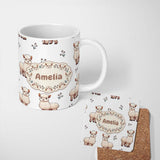 Personalized Custom Name Cute Alpaca Llama Pattern with Floral Sprigs on Grey Background 11oz Ceramic Coffee Tea Mug White Large Handle