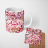 Personalized Custom Name Cute Teddy Bear Cupid Cakes Hearts Flowers Valentine Kawaii Pink 11oz Ceramic Coffee Tea Mug White Large Handle