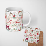 Personalized Custom Name Cozy Christmas Gifts Mug Stocking Holiday Seamless Pattern Lovely 11oz Ceramic Coffee Tea Mug White Large Handle