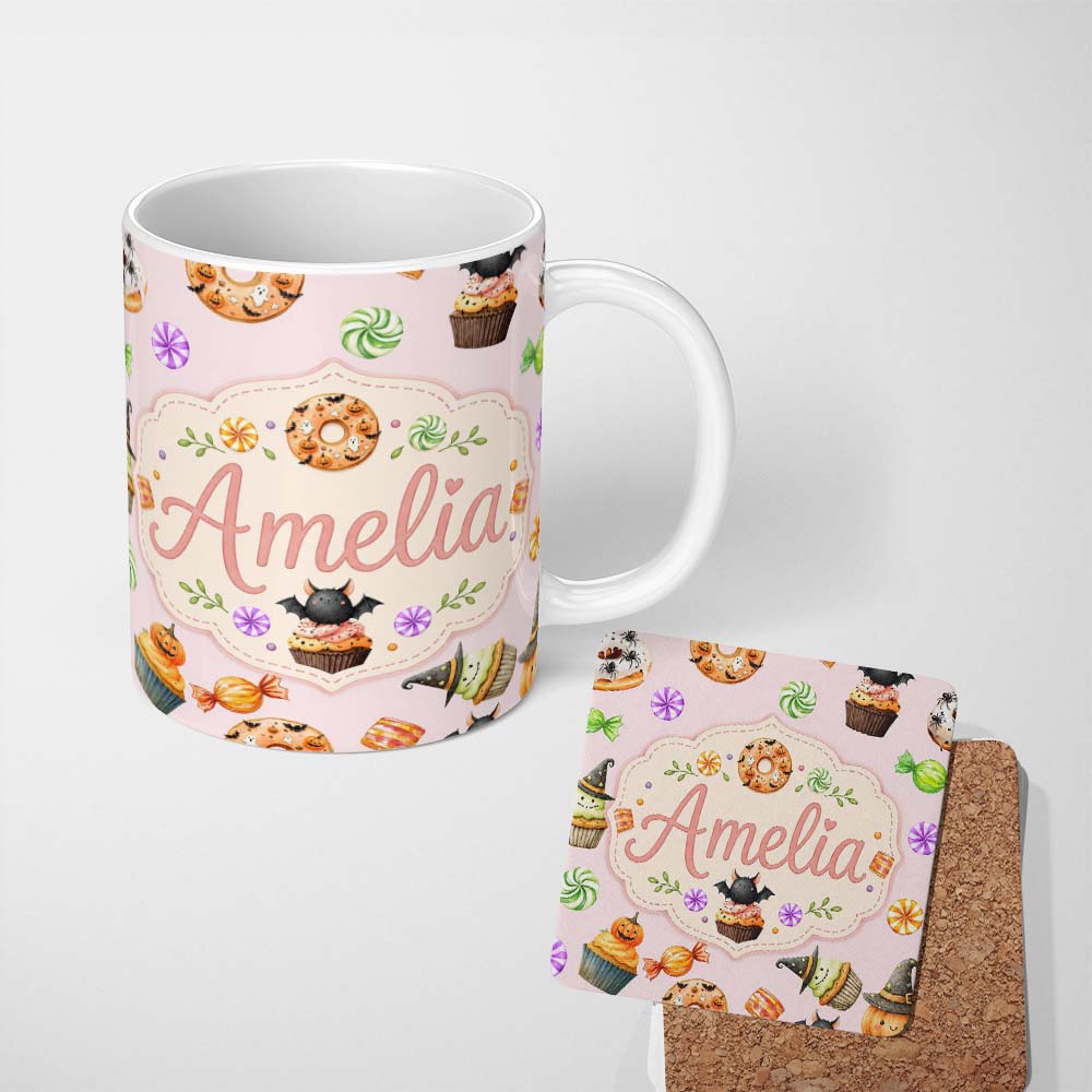 Personalized Custom Name Cute Halloween Spooky Donuts Cupcakes Treats Pink Background 11oz Ceramic Coffee Tea Mug White Large Handle