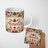 Personalized Custom Name Vintage Christmas Tree Ornament Candy Cane Seamless Pattern Lovely 11oz Ceramic Coffee Tea Mug White Large Handle