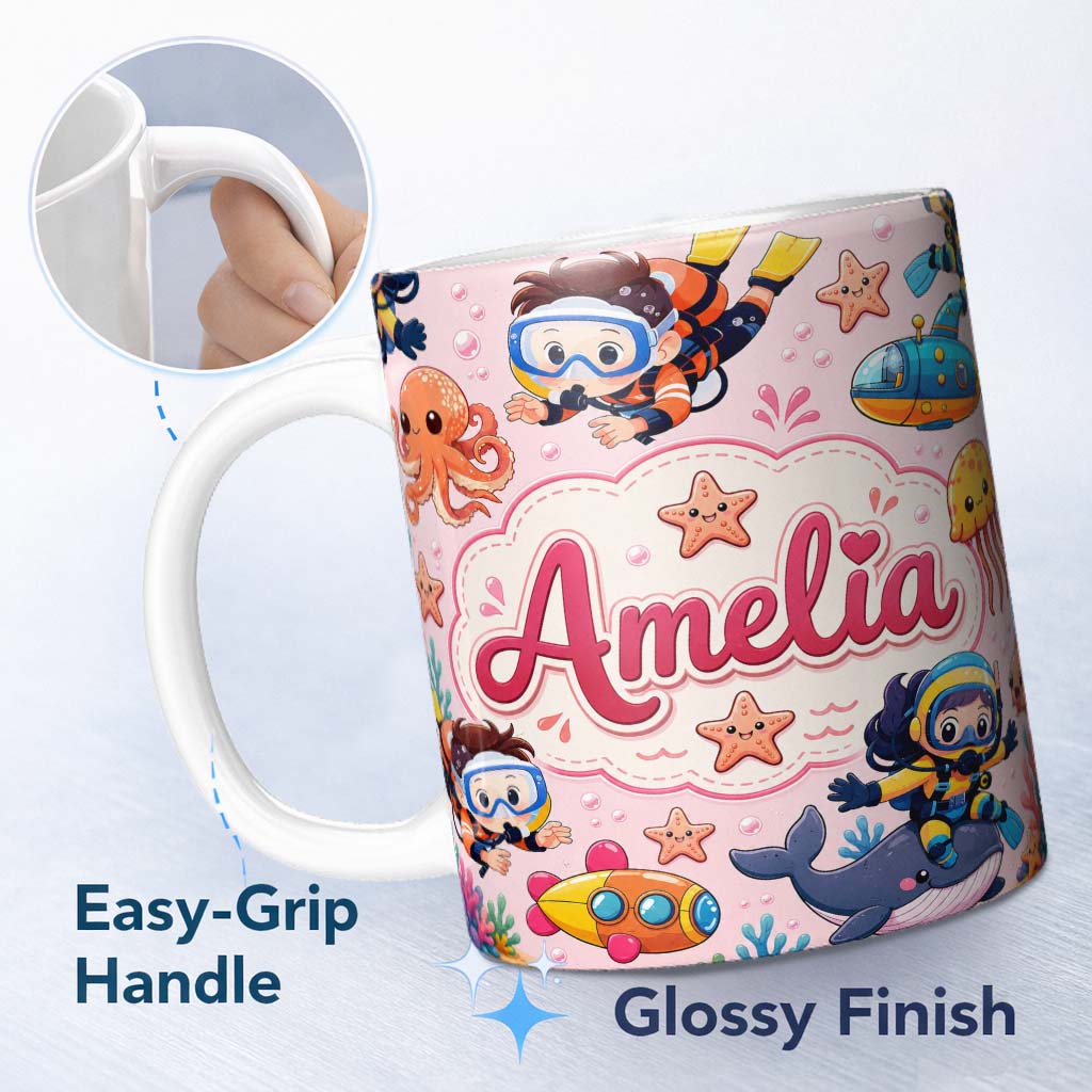 Personalized Custom Name Underwater with Scuba Divers Starfish and Whale on Blush Pink 11oz Ceramic Coffee Tea Mug White Large Handle