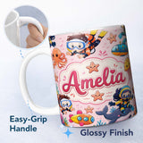 Personalized Custom Name Underwater with Scuba Divers Starfish and Whale on Blush Pink 11oz Ceramic Coffee Tea Mug White Large Handle