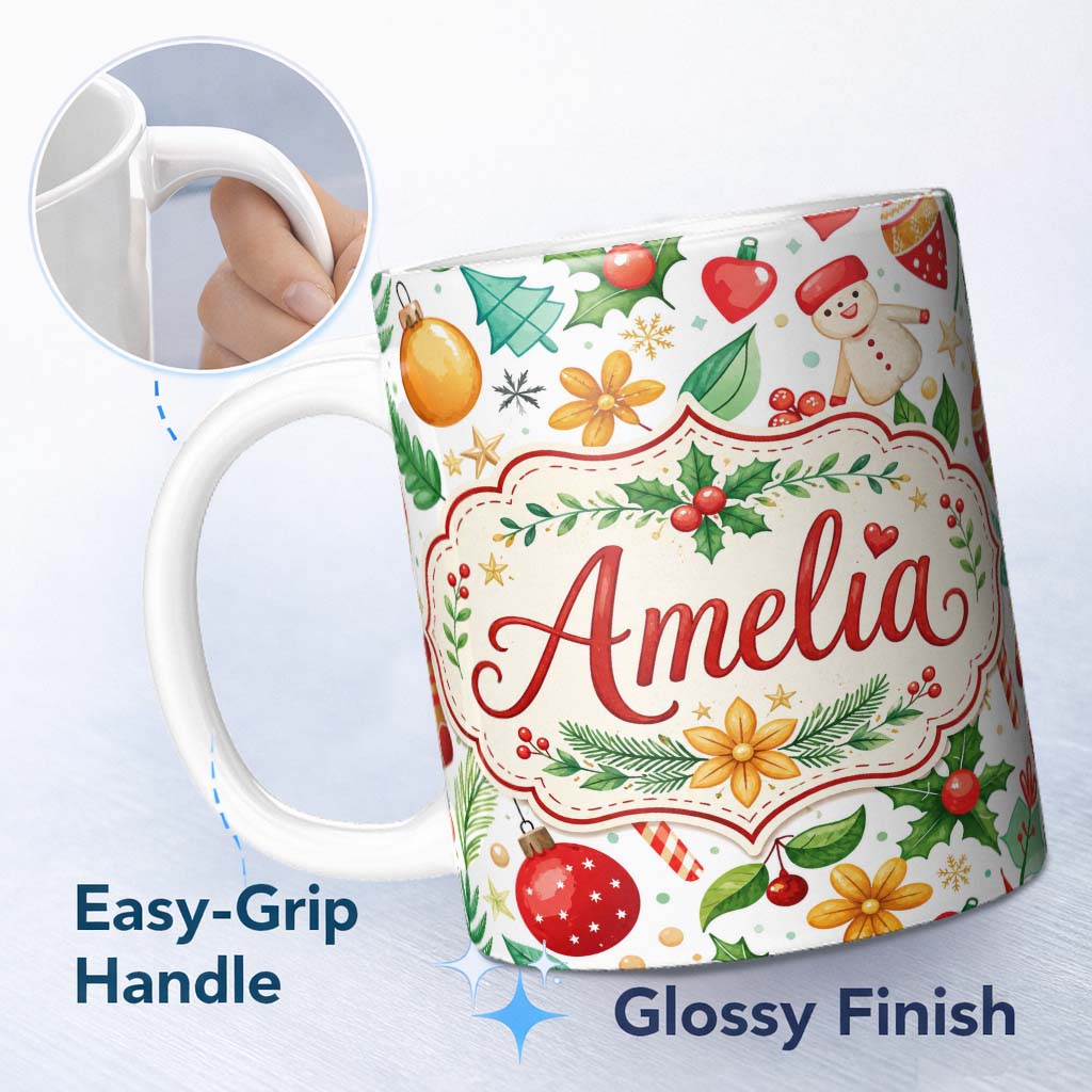 Personalized Custom Name Cute Christmas Tree Snowman Candy Cane Baubles Seamless Pattern 11oz Ceramic Coffee Tea Mug White Large Handle