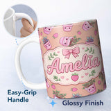 Personalized Custom Name Cute Pink Plant Pots Leaves Strawberry Seamless Pattern Peach Lovely 11oz Ceramic Coffee Tea Mug White Large Handle