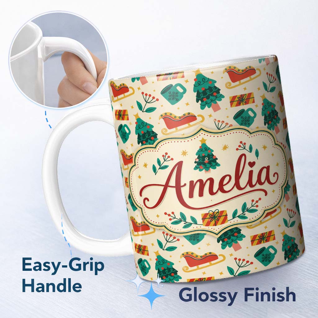 Personalized Custom Name Modern Christmas Sleigh Tree Gift Flat Design Seamless Pattern 11oz Ceramic Coffee Tea Mug White Large Handle