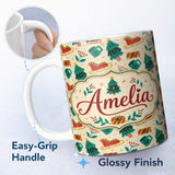 Personalized Custom Name Modern Christmas Sleigh Tree Gift Flat Design Seamless Pattern 11oz Ceramic Coffee Tea Mug White Large Handle
