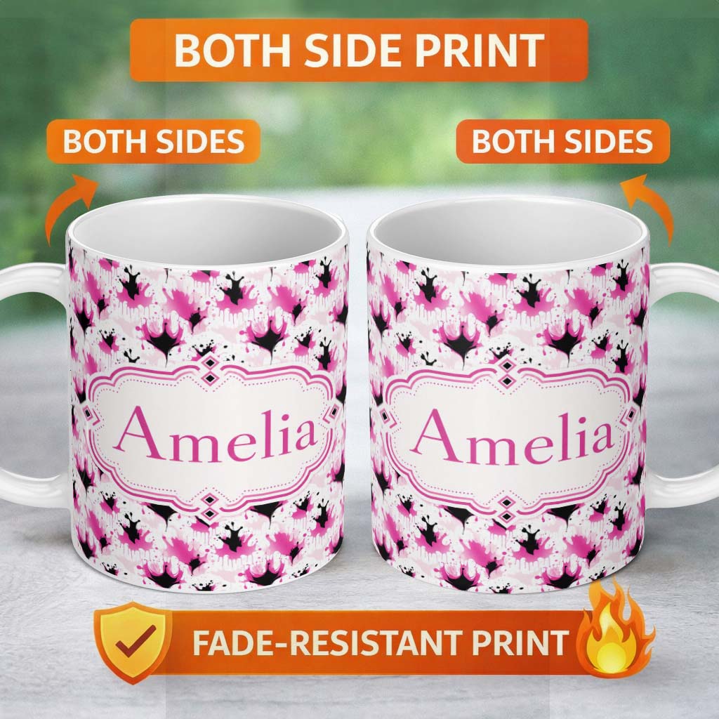 Personalized Custom Name Pink Black Ink Blot Splash Modern Abstract Seamless Pattern Lovely 11oz Ceramic Coffee Tea Mug White Large Handle