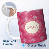 Personalized Custom Name Elegant Red Snowflake Winter Holiday Seamless Pattern Lovely 11oz Ceramic Coffee Tea Mug White Large Handle