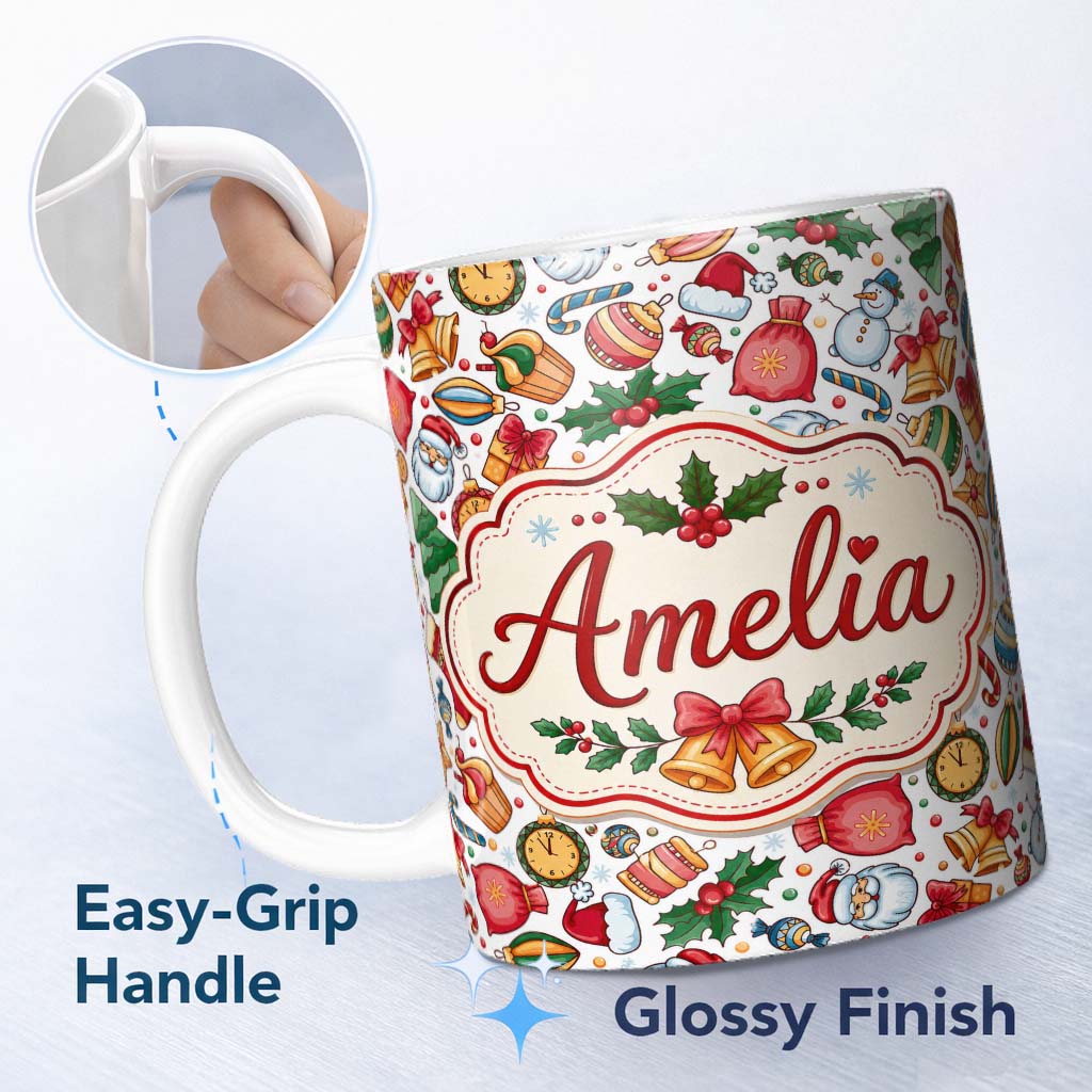 Personalized Custom Name Cute Christmas Santa Gifts Candy Snowman Seamless Pattern Lovely 11oz Ceramic Coffee Tea Mug White Large Handle