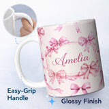 Personalized Custom Name Watercolor Pink Ribbon Bows Neutral Ivory Background Seamless Lovely 11oz Ceramic Coffee Tea Mug White Large Handle