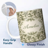 Personalized Custom Name Elegant Pine Branch Pattern on Neutral Background with Subtle Leaf 11oz Ceramic Coffee Tea Mug White Large Handle