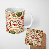 Personalized Custom Name Cute Christmas Mouse with Gifts Berries and Snowflakes Seamless 11oz Ceramic Coffee Tea Mug White Large Handle