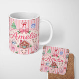 Personalized Custom Name Christmas Festive Stickers Gingerbread House Tree Soft Pink Stripe 11oz Ceramic Coffee Tea Mug White Large Handle
