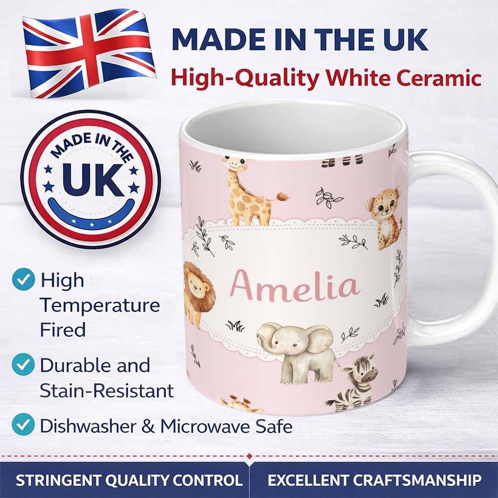 Personalized Custom Name Cute Baby Safari Animals Giraffe Lion Elephant Leopard Blush Pink 11oz Ceramic Coffee Tea Mug White Large Handle