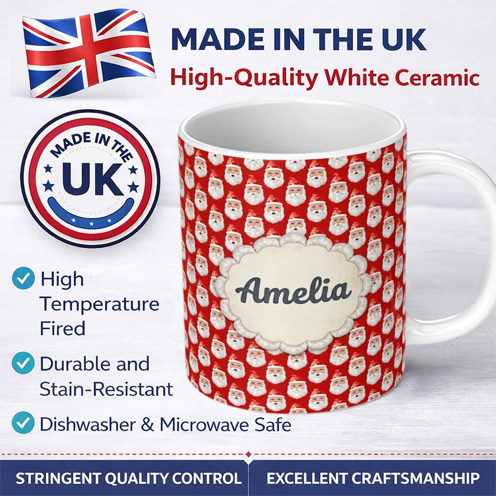 Personalized Custom Name Christmas Santa Face Seamless Pattern Red Festive Holiday Design 11oz Ceramic Coffee Tea Mug White Large Handle