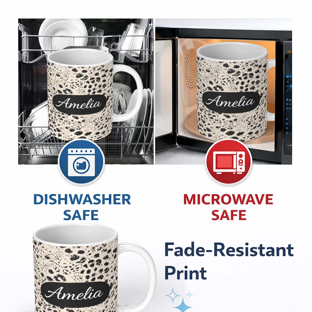 Personalized Custom Name Leopard Animal Print Black Cream Classic Safari Pattern Lovely 11oz Ceramic Coffee Tea Mug White Large Handle