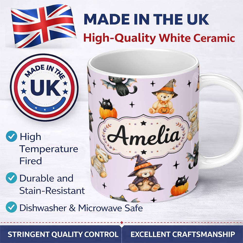 Personalized Custom Name Cute Halloween Teddy Bears Mummy Witch Cat Pumpkin Stars Purple 11oz Ceramic Coffee Tea Mug White Large Handle