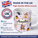 Personalized Custom Name Cute Halloween Teddy Bears Mummy Witch Cat Pumpkin Stars Purple 11oz Ceramic Coffee Tea Mug White Large Handle