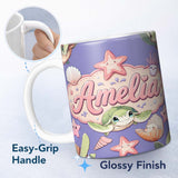 Personalized Custom Name Cute Kawaii Sea Turtle Starfish Shells Ocean Friends Lavender Lovely 11oz Ceramic Coffee Tea Mug White Large Handle