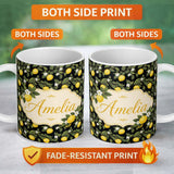 Personalized Custom Name Detailed Lemon Branches on Black Background Vintage Botanical Lovely 11oz Ceramic Coffee Tea Mug White Large Handle