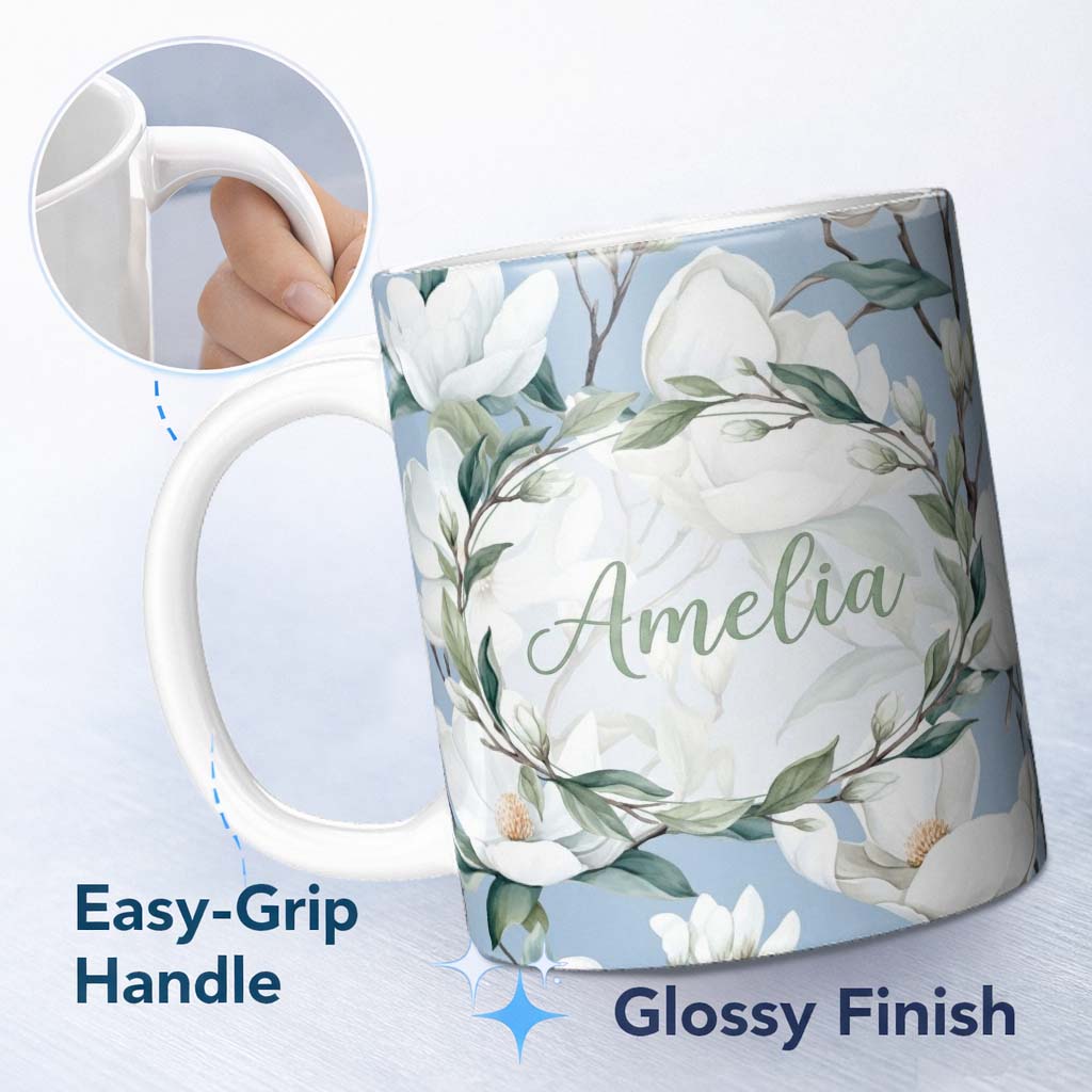 Personalized Custom Name Soft White Magnolia Blossoms on Blue Background Seamless Pattern 11oz Ceramic Coffee Tea Mug White Large Handle