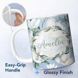 Personalized Custom Name Soft White Magnolia Blossoms on Blue Background Seamless Pattern 11oz Ceramic Coffee Tea Mug White Large Handle
