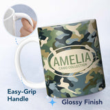 Personalized Custom Name Multi Tone Woodland Camouflage Seamless Pattern Perfect Gift for Her 11oz Ceramic Coffee Tea Mug White Large Handle