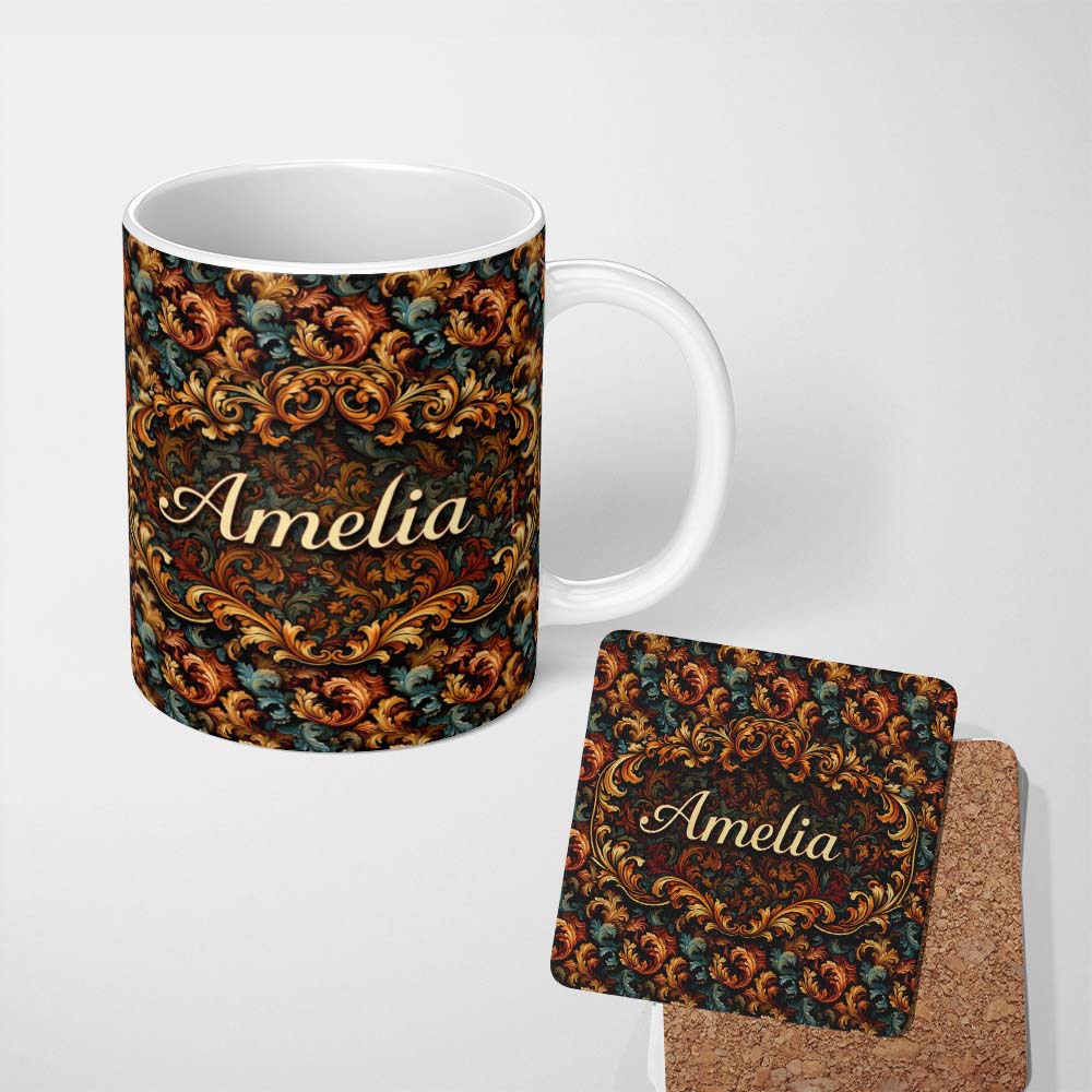 Personalized Custom Name Teal Orange Baroque Floral Seamless Pattern Dark Artistic Ornamental 11oz Ceramic Coffee Tea Mug White Large Handle