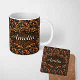Personalized Custom Name Teal Orange Baroque Floral Seamless Pattern Dark Artistic Ornamental 11oz Ceramic Coffee Tea Mug White Large Handle