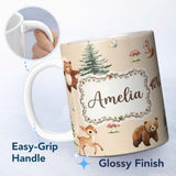 Personalized Custom Name Forest Animals Bear Bunny Squirrel Trees on Warm Beige Seamless 11oz Ceramic Coffee Tea Mug White Large Handle