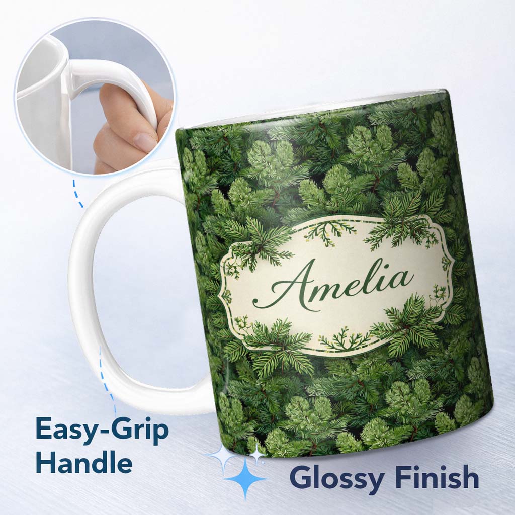 Personalized Custom Name Lush Green Pine Needle with Detailed Evergreen Branches on Dark 11oz Ceramic Coffee Tea Mug White Large Handle