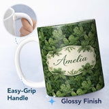 Personalized Custom Name Lush Green Pine Needle with Detailed Evergreen Branches on Dark 11oz Ceramic Coffee Tea Mug White Large Handle
