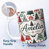 Personalized Custom Name Scandi Christmas Trees Polka Dots Snowflakes Cute Holiday Seamless 11oz Ceramic Coffee Tea Mug White Large Handle