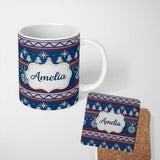 Personalized Custom Name Scandinavian Snowflake Ornament Knit Pattern Blue White Red Holiday 11oz Ceramic Coffee Tea Mug White Large Handle